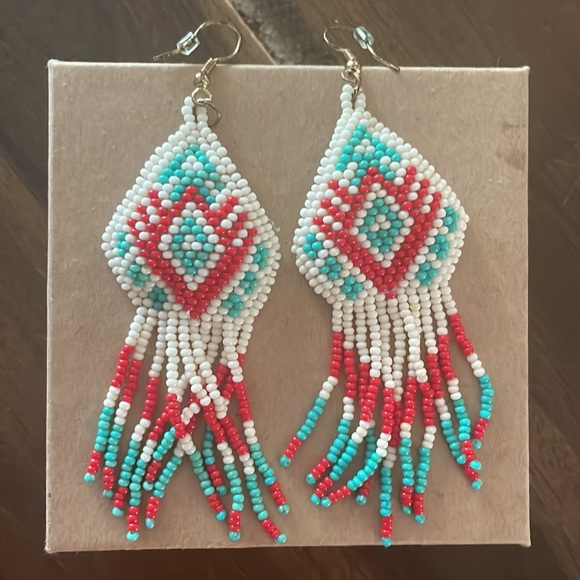 Beaded red, white, and turquoise earrings earrings - Picture 2 of 2